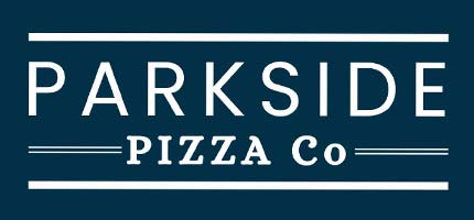 Parkside Pizza Co logo with white text on a dark blue background and horizontal lines.