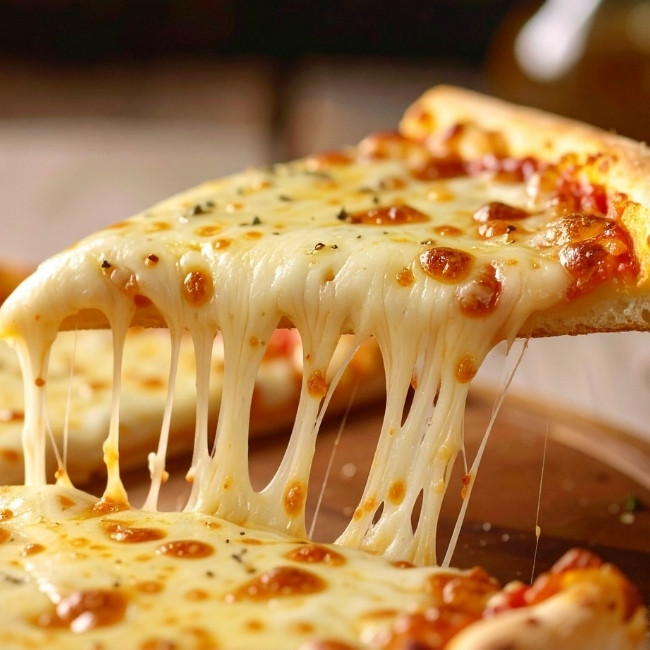 A cheesy pizza slice being lifted, with melted cheese stretching from the pie.